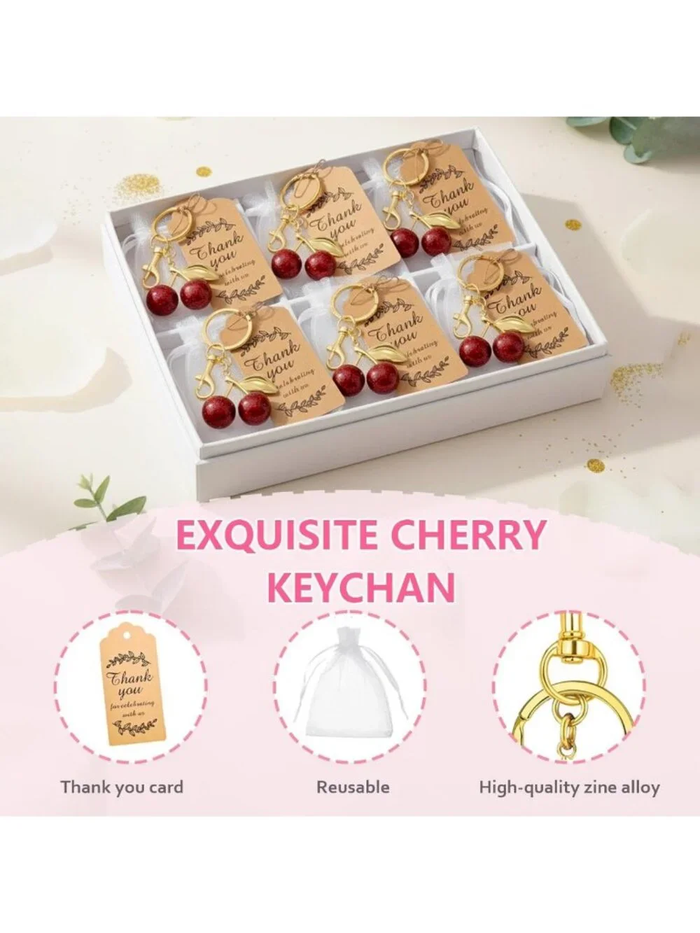 48PCS Cherry Keychains Bulk Charm Accessories for Women, Cute Purse Keyrings